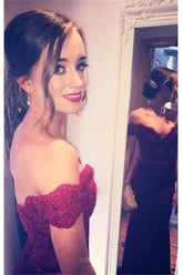 Charming Burgundy Mermaid Off Shoulder Long Prom Dresses, Party Dress